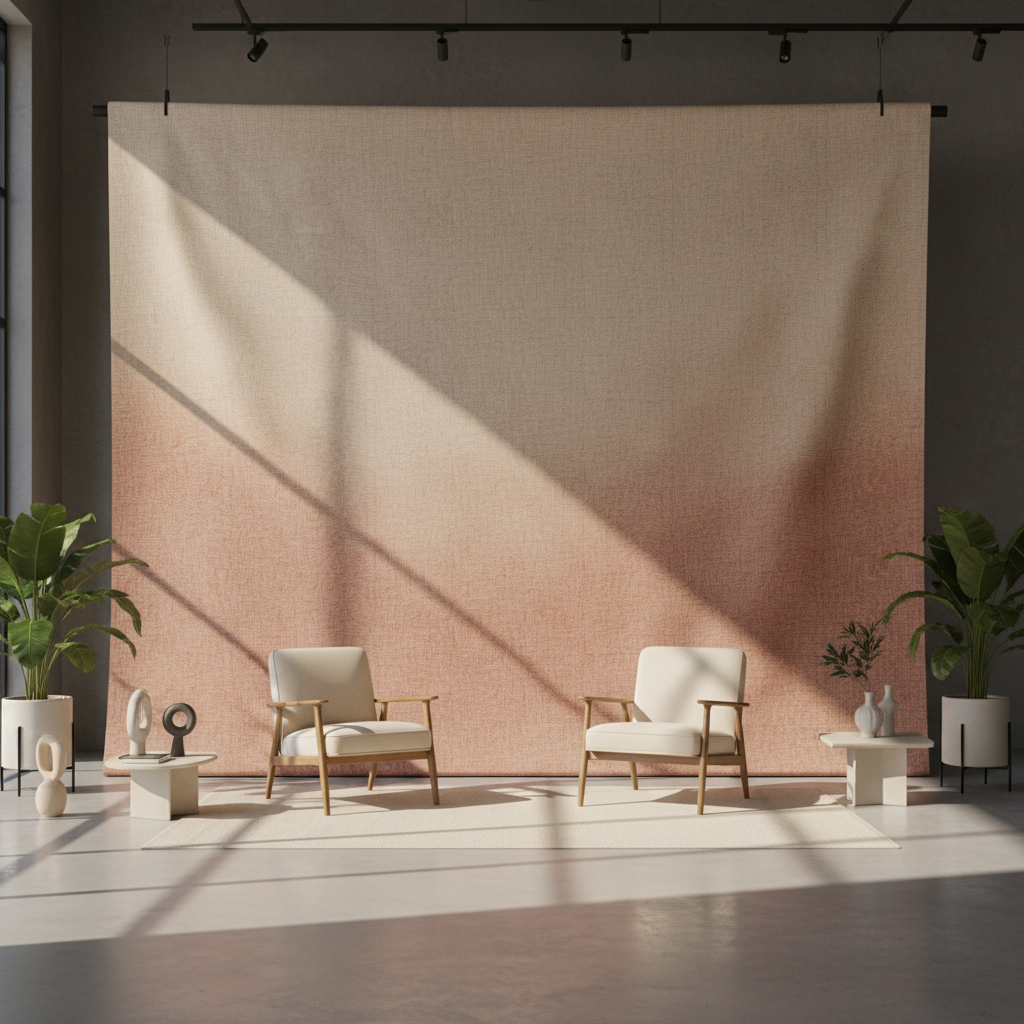 A modern event space featuring an aesthetic event backdrop design with soft, flowing neutral fabrics and a touch of greenery, well-lit and ready for guests to pose.