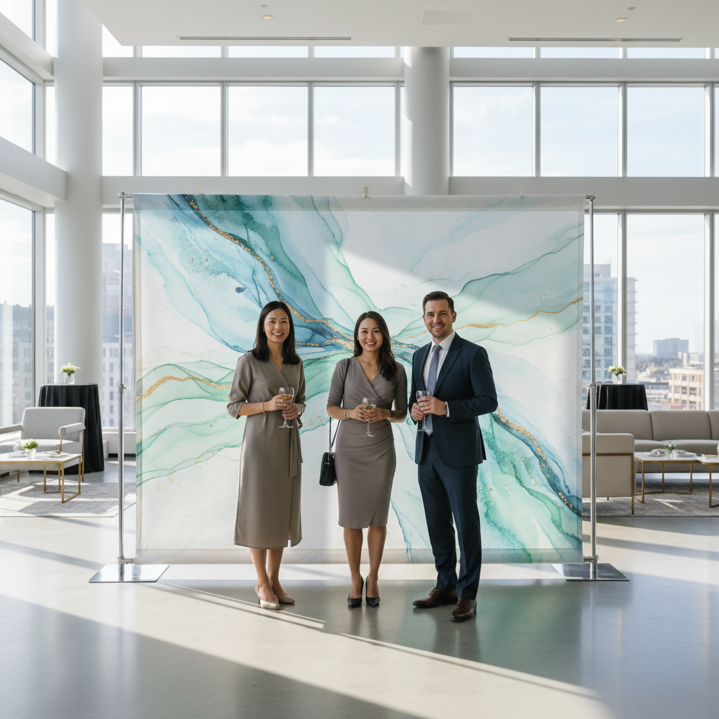 A vibrant custom event backdrop featuring a company logo, set up at a corporate event in Canada, demonstrating an affordable custom event backdrop solution.