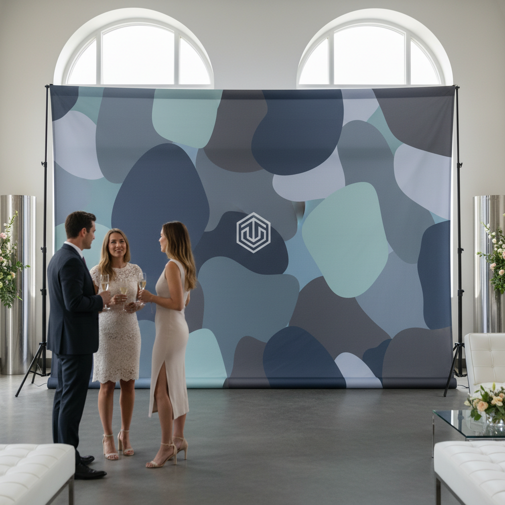 A vibrant custom event backdrop in Canada, featuring a company logo and rich colors, set up at a corporate event with people posing for photos.