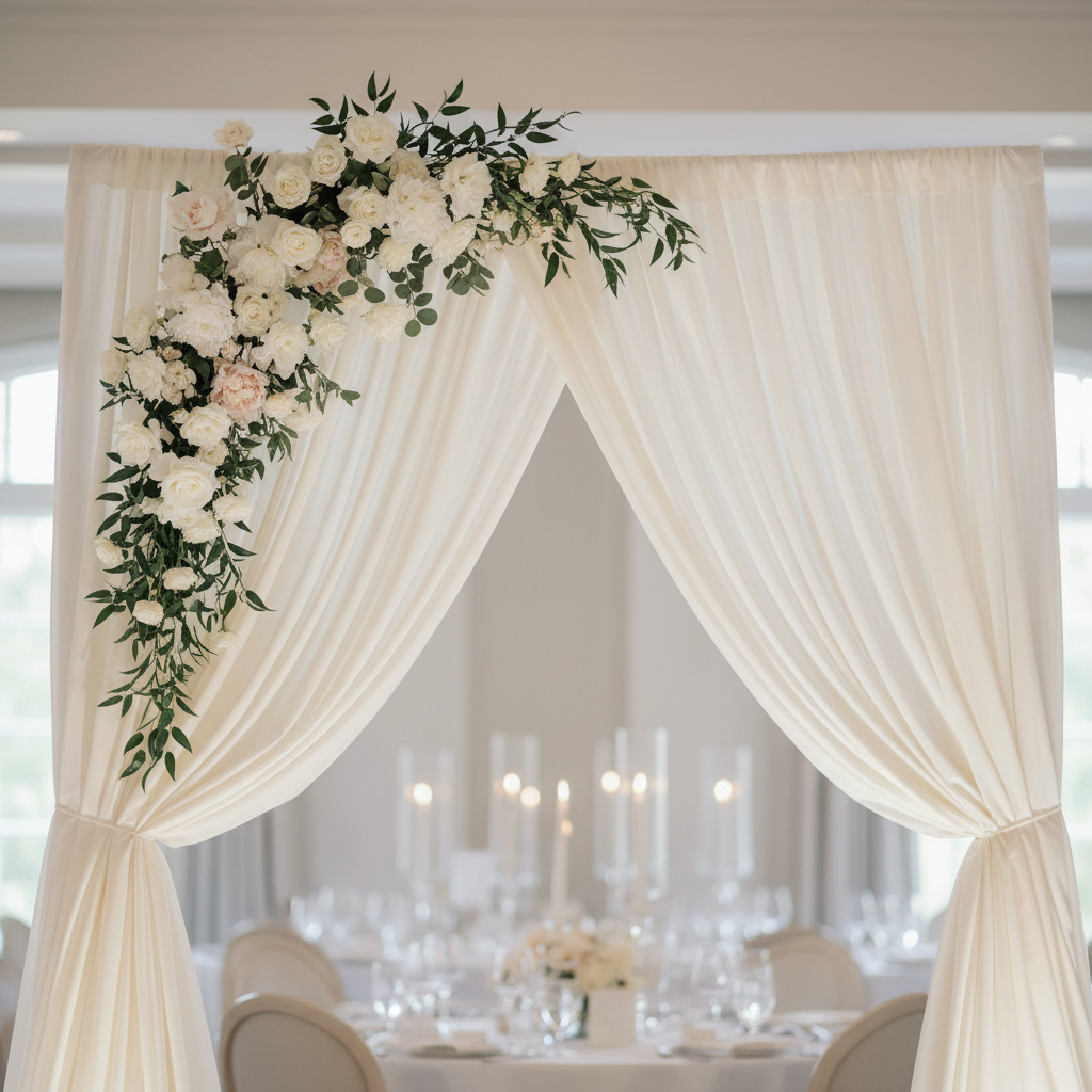 Elegant arch backdrop design with soft floral arrangements at an event