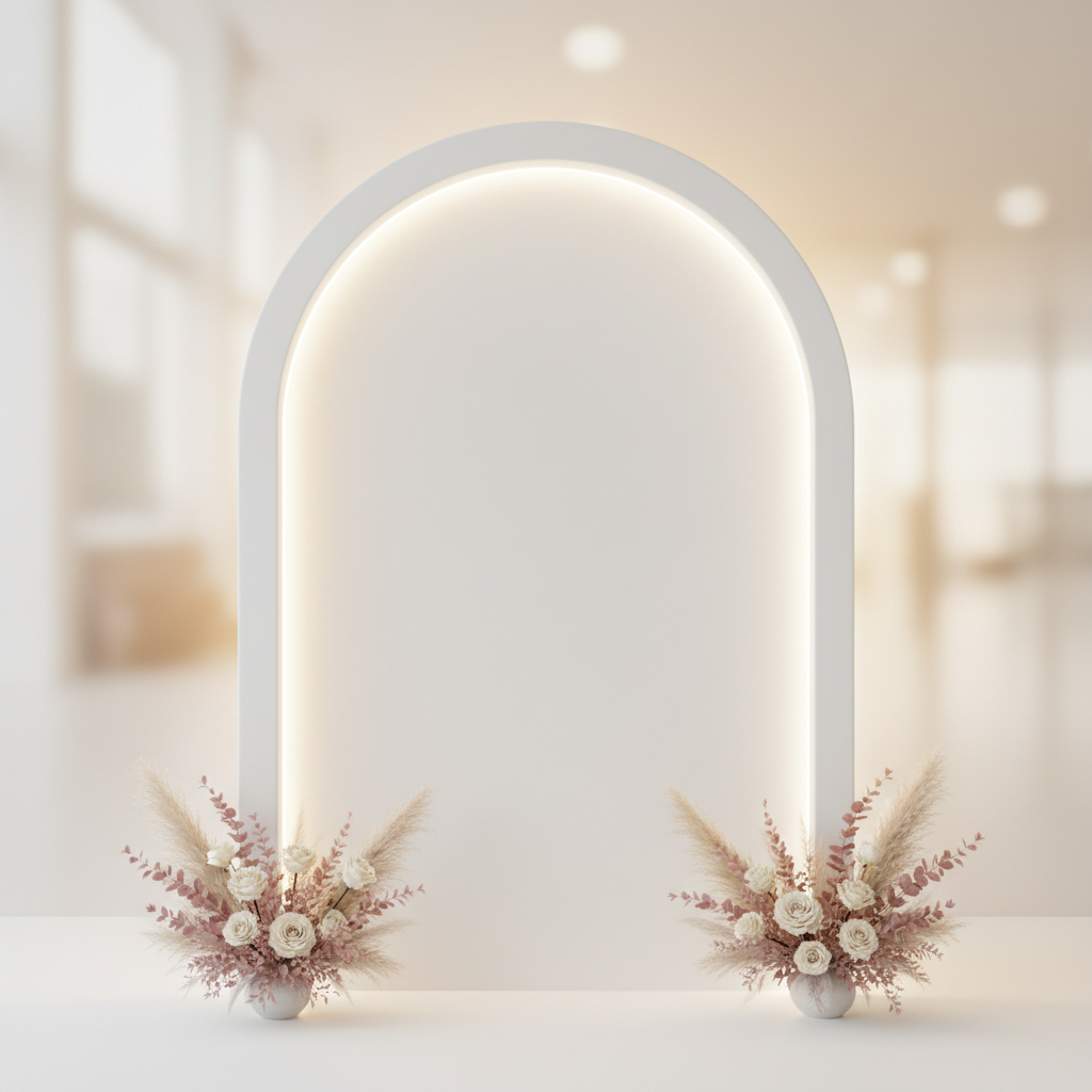 A sleek white arch backdrop with soft lighting, adorned with minimalist floral arrangements, ideal for arch backdrop design ideas.