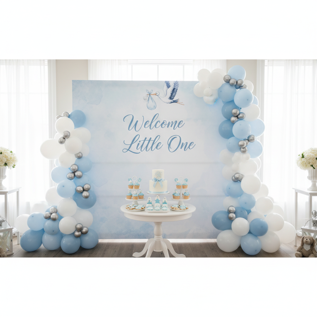 A brightly lit baby shower backdrop with soft pastel colors, featuring balloons and elegant floral arrangements, creating a dreamy setting for photos.