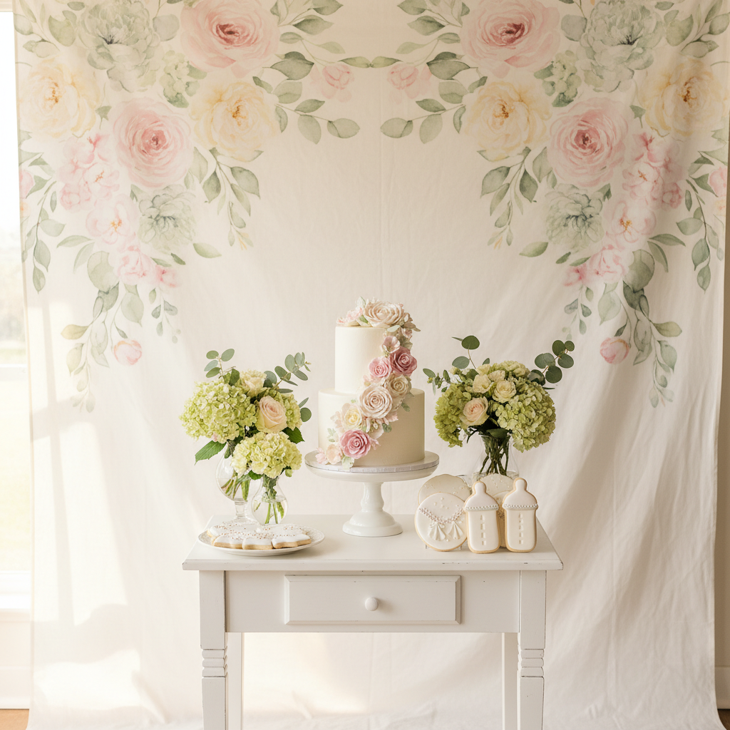 A beautifully decorated baby shower scene with a personalized floral baby shower backdrop