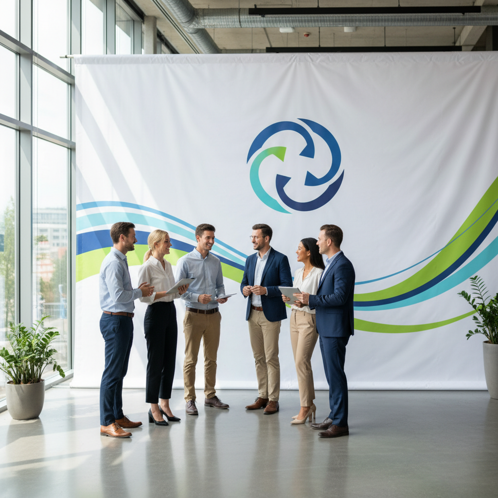 A vibrant corporate event backdrop with a company logo prominently displayed at a brand activation event, showcasing attendees interacting with the display