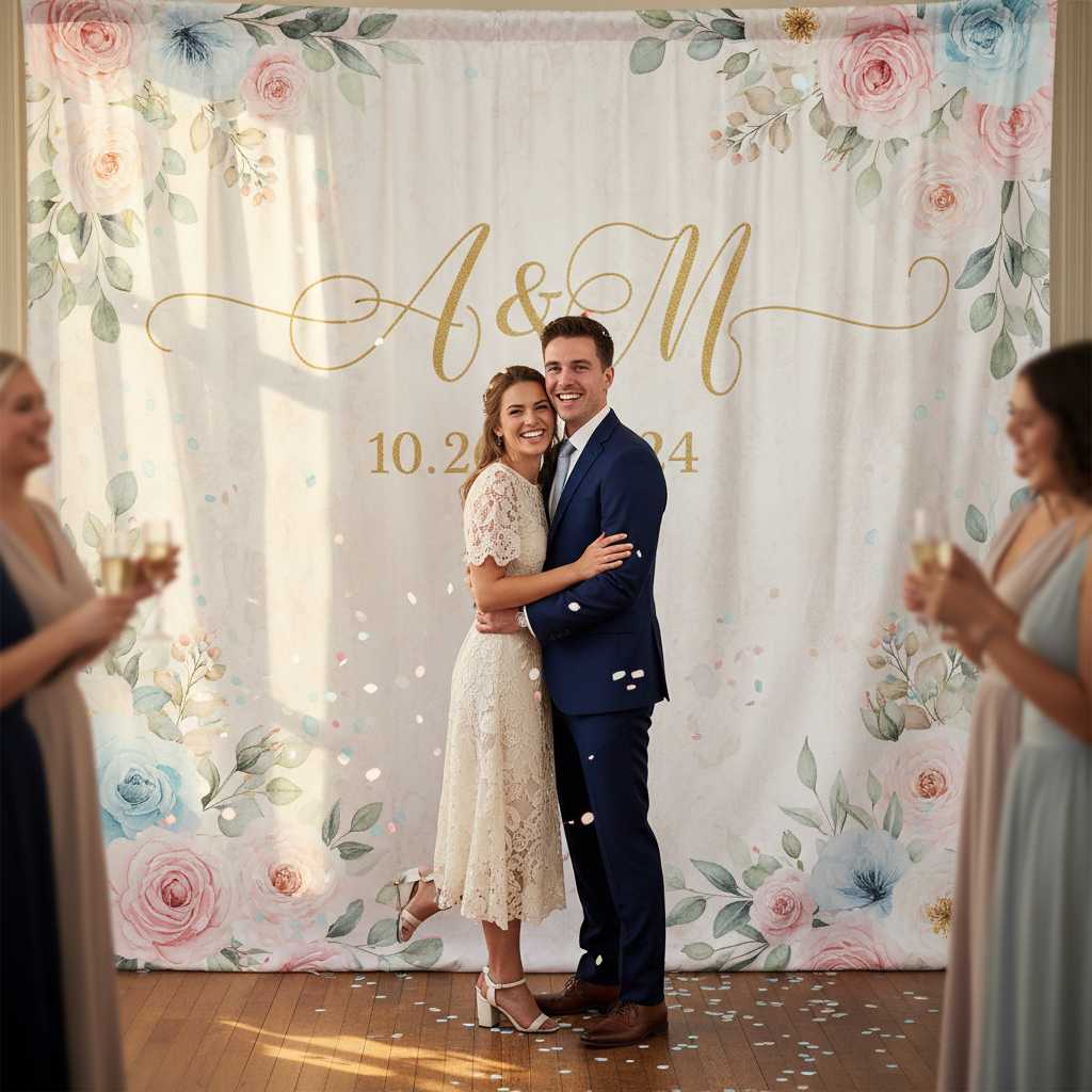 A couple smiling and posing in front of a chic, custom backdrop for engagement party photos, with soft lighting and elegant floral accents.