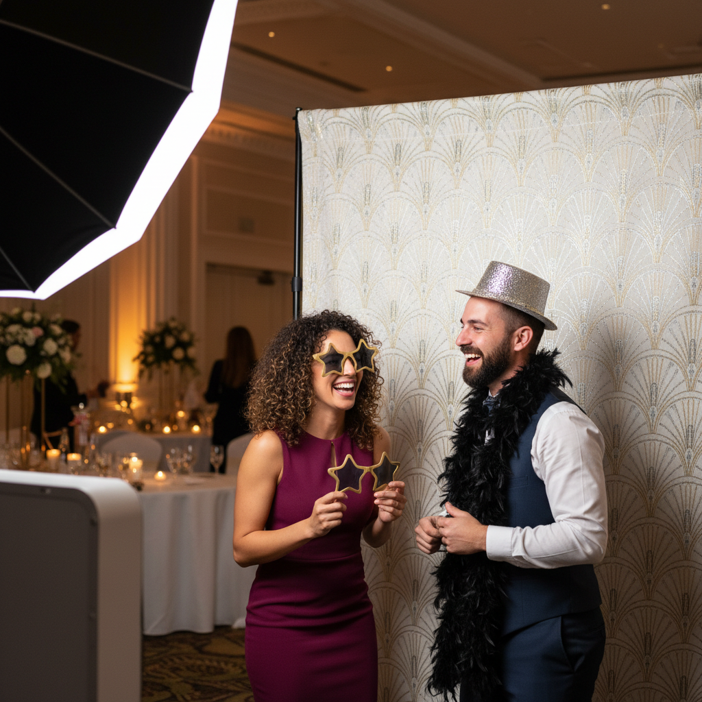 A brightly lit photo booth setup with a custom fabric backdrop, showing a group of friends laughing and posing, illustrating great backdrop ideas for beginners.