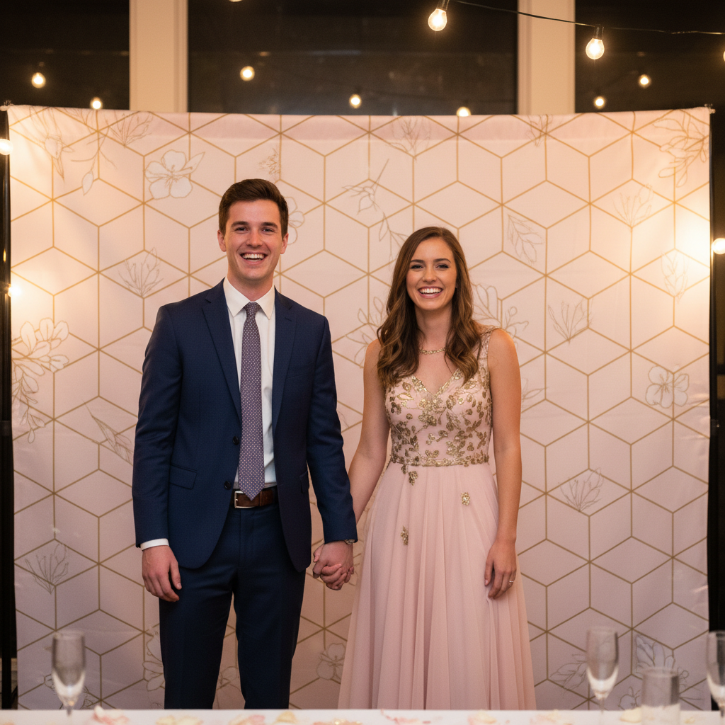 A couple smiling in front of a chic, custom floral backdrop at their engagement party