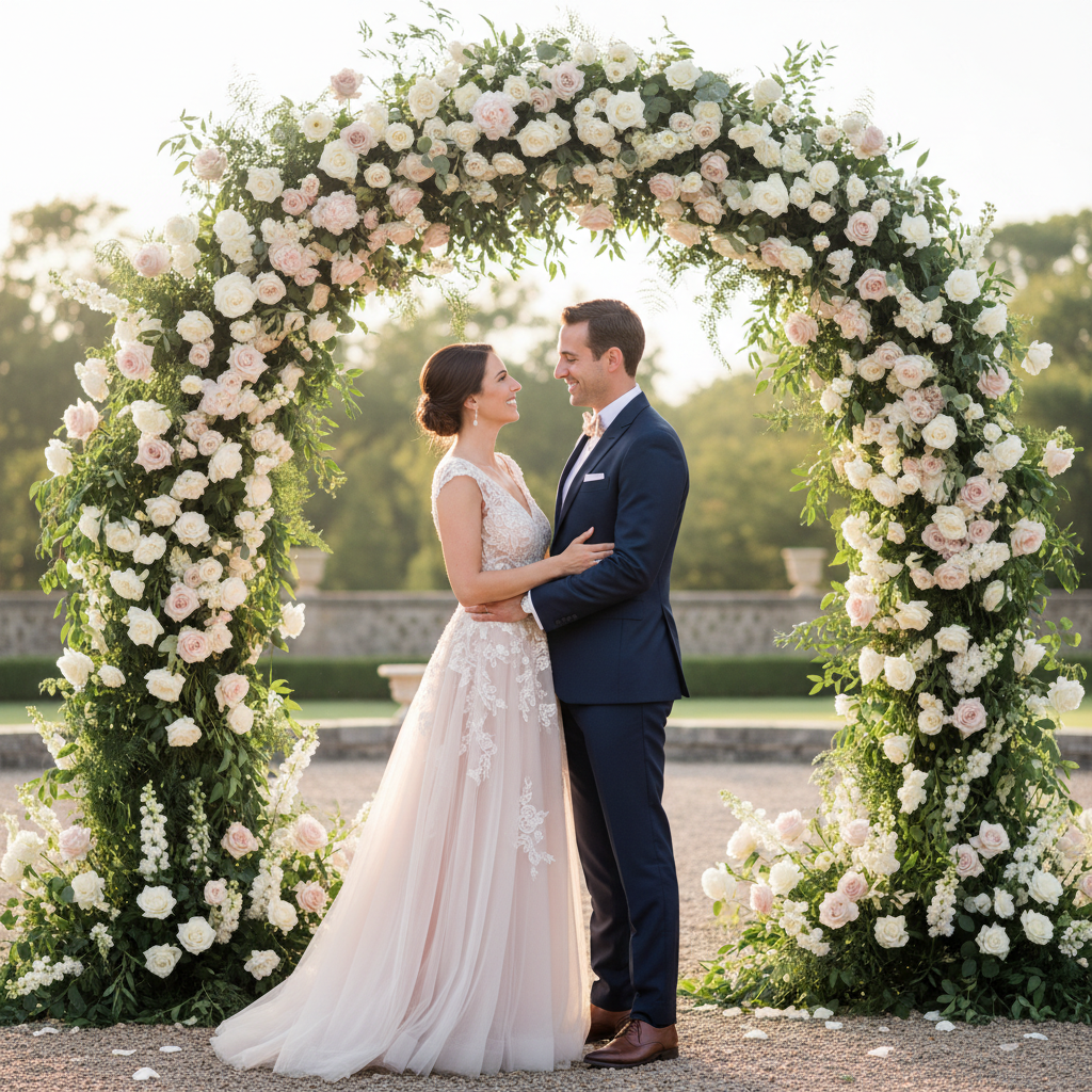 Elegant couple posing in front of a custom floral backdrop at an engagement party