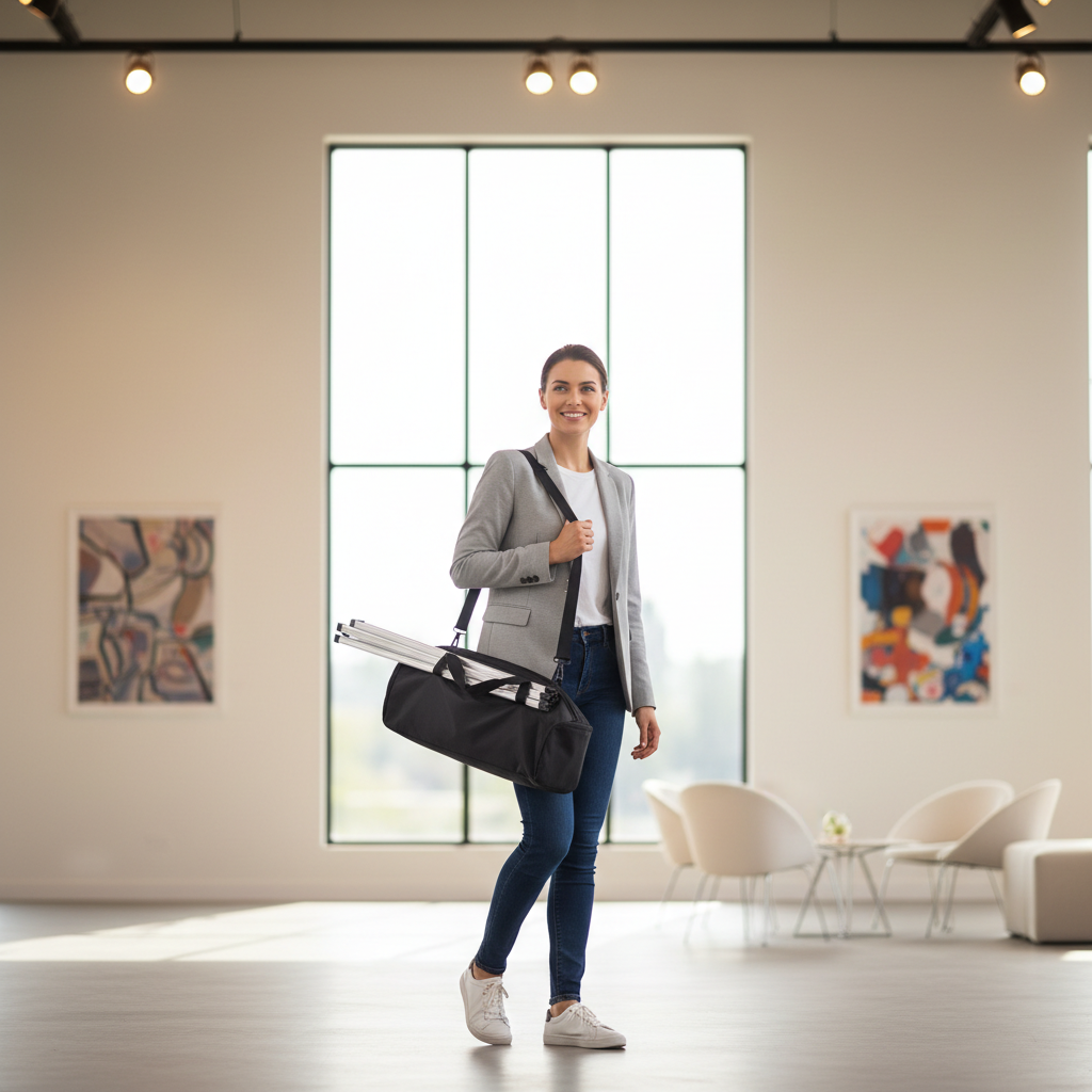 A person effortlessly carrying a compact backdrop kit with carrying bag over their shoulder, smiling. The backdrop stand is visible, and the carrying bag is sleek and black.