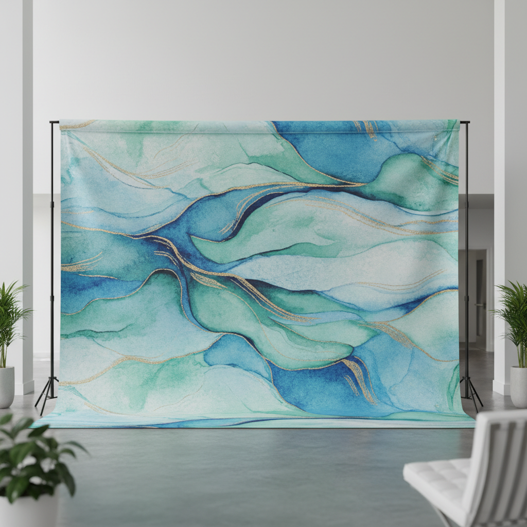 A large, vibrant custom fabric backdrop with a subtle geometric pattern perfect for a photo booth printing near me Canada event