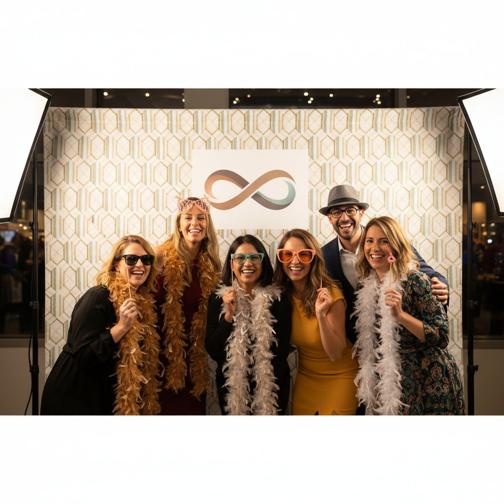 A vibrant event space with a beautifully printed custom fabric backdrop featuring a brand logo, illuminated by soft lighting, with people enjoying a photo booth area. Focus on the crisp print quality and the happy atmosphere.