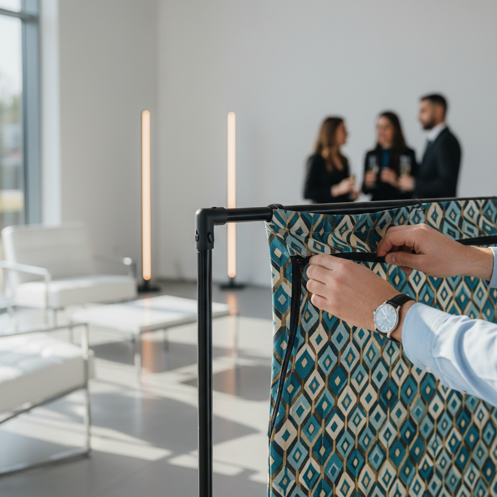 A sleek black backdrop stand holding a vibrant custom photo booth backdrop with a unique design, ready for an event, showcasing the quality of a backdrop stand and cover bundle.
