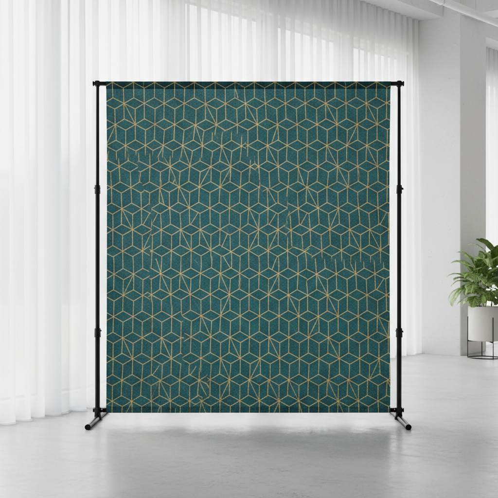 A professional tension fabric backdrop stand and cover bundle set up in a modern event space, showcasing a vibrant custom design, with soft, even lighting