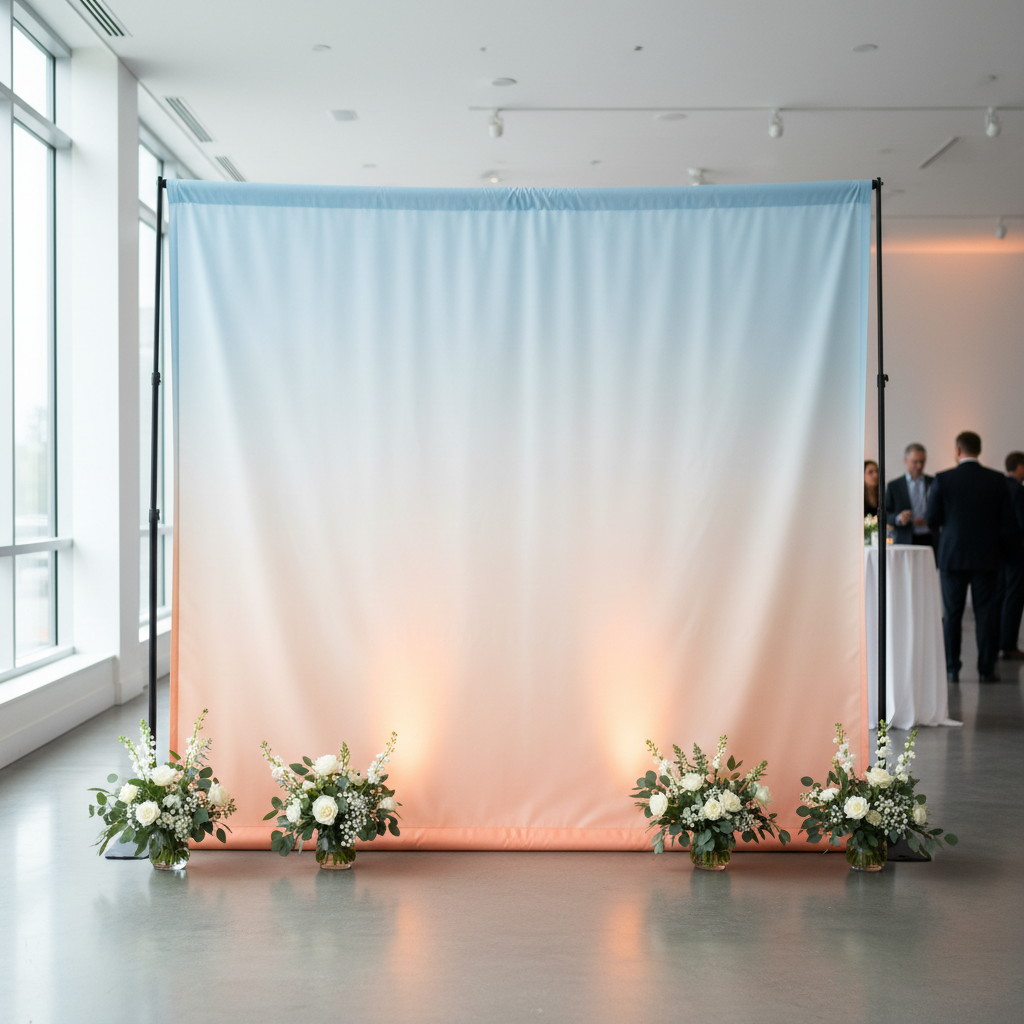 A vibrant custom event backdrop featuring a company logo in a well-lit Toronto event space