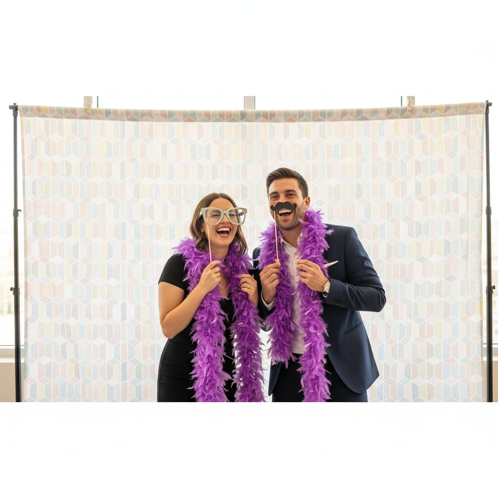 A vibrant photo booth setup at an event, featuring a stylish custom backdrop with people laughing and posing, illustrating the best backdrops for photo booth business.