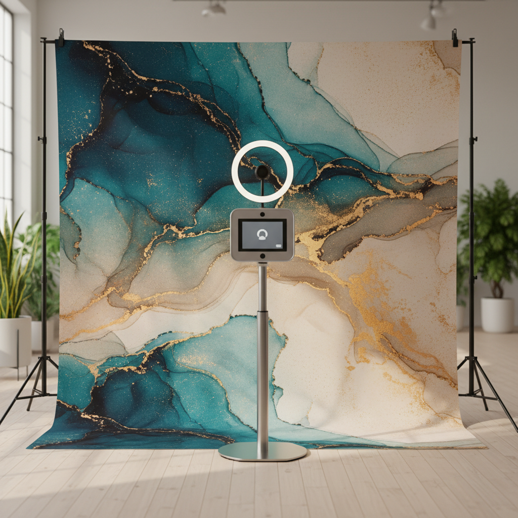 A vibrant photo booth setup featuring a custom printed fabric backdrop, showcasing the best backdrops for photo booth business
