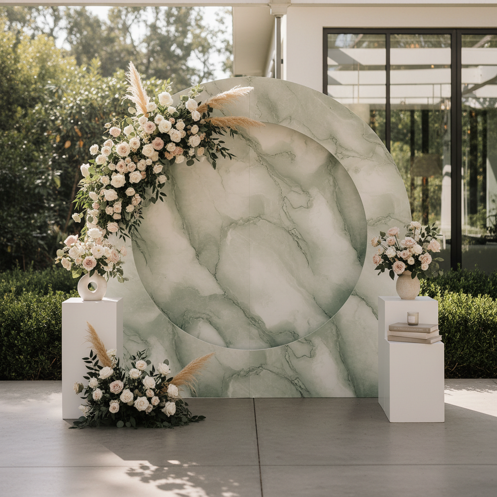 A vibrant photo booth setup with a custom printed fabric backdrop featuring a company logo and event specific graphics, demonstrating the best custom backdrop supplier for photo booths' output.