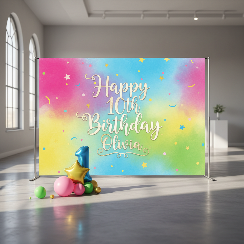 A vibrant custom birthday party backdrop featuring colorful balloons and a personalized 'Happy Birthday' message, with guests happily posing in front.