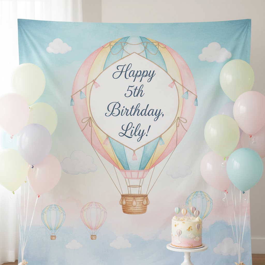 A vibrant birthday party backdrop custom designed with balloons and personalized text for a child's celebration