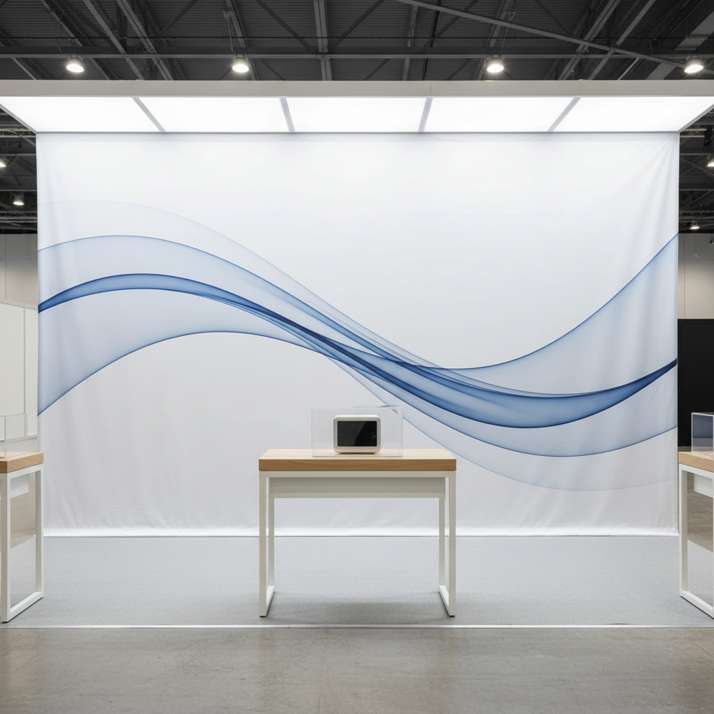 A modern, professional branded backdrop for trade show with a company logo prominently displayed in a sleek, minimalist booth setting.