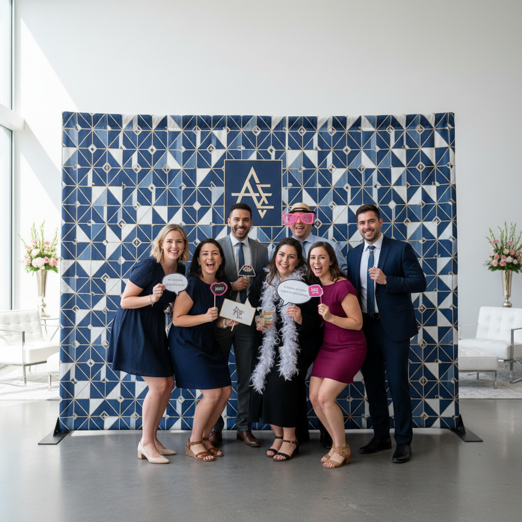 A vibrant branded photo booth backdrop with a company logo prominently displayed, featuring guests laughing and posing