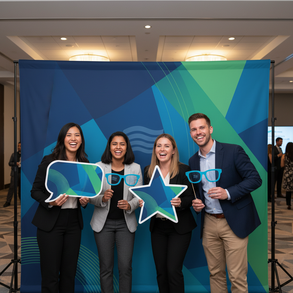 A brightly lit branded photo booth backdrop at an event with people posing, showcasing the custom design and vibrant colors.