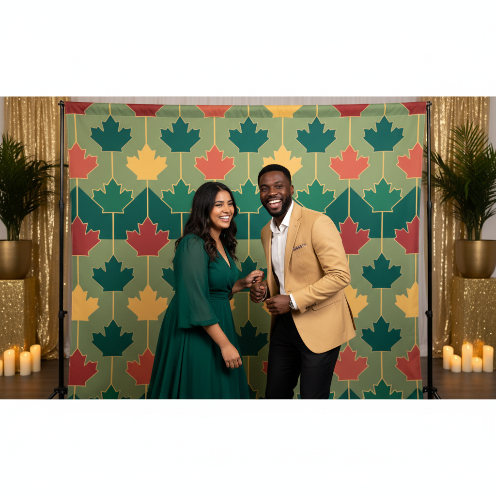 A vibrant custom photo booth backdrop with a Canadian maple leaf design, showcasing a family happily posing, emphasizing buying backdrops in Canada no tariffs