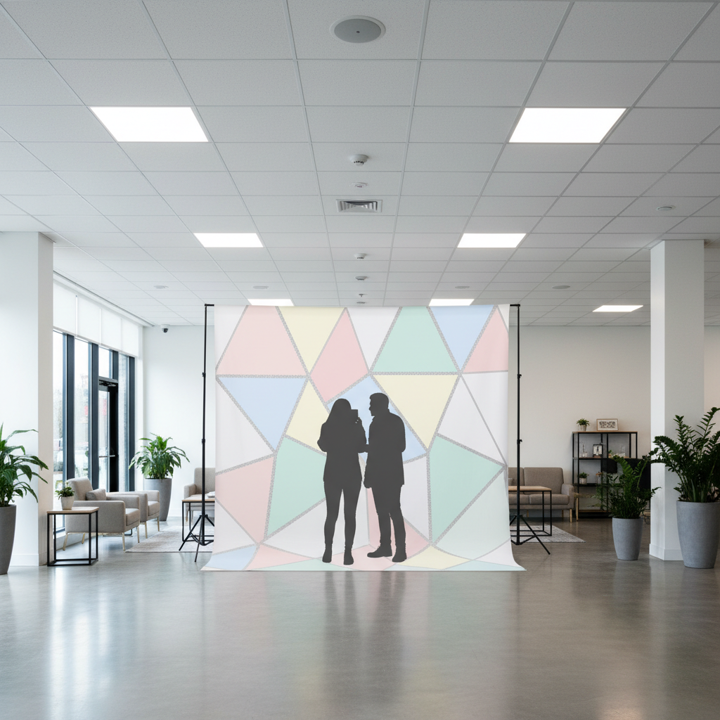 A diverse group of people celebrating in front of a custom fabric backdrop at a festive event in Canada, highlighting the versatility of a Canadian backdrop company.
