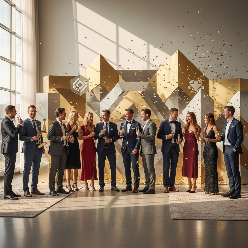 A vibrant event space with a custom branded photo booth backdrop, featuring a diverse group of people laughing and posing. The backdrop is a seamless tension fabric design with a company logo. Warm spotlights illuminate the scene, creating a festive atmosphere. Colors are bright and inviting.