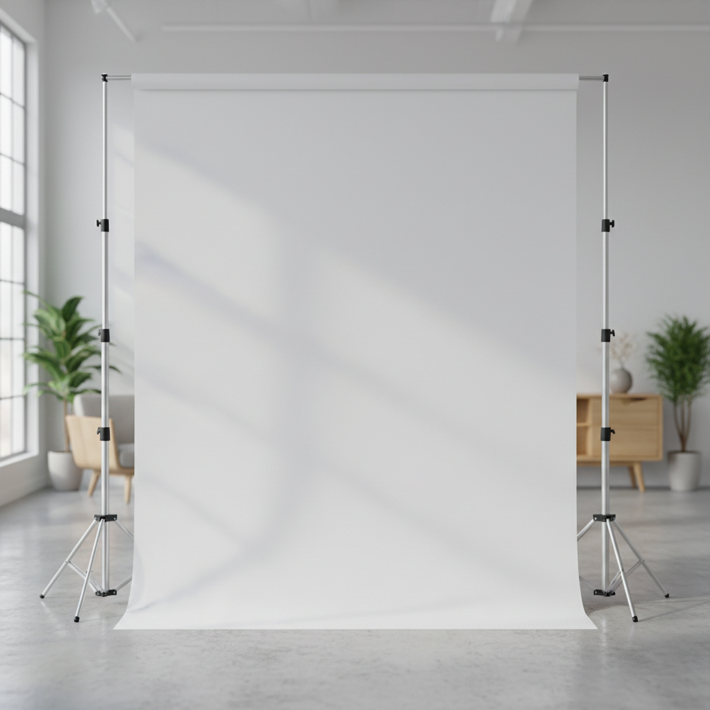 A sleek, modern collapsible backdrop stand with a white tension fabric backdrop set up in a bright, minimalist event space, emphasizing portability and ease of assembly