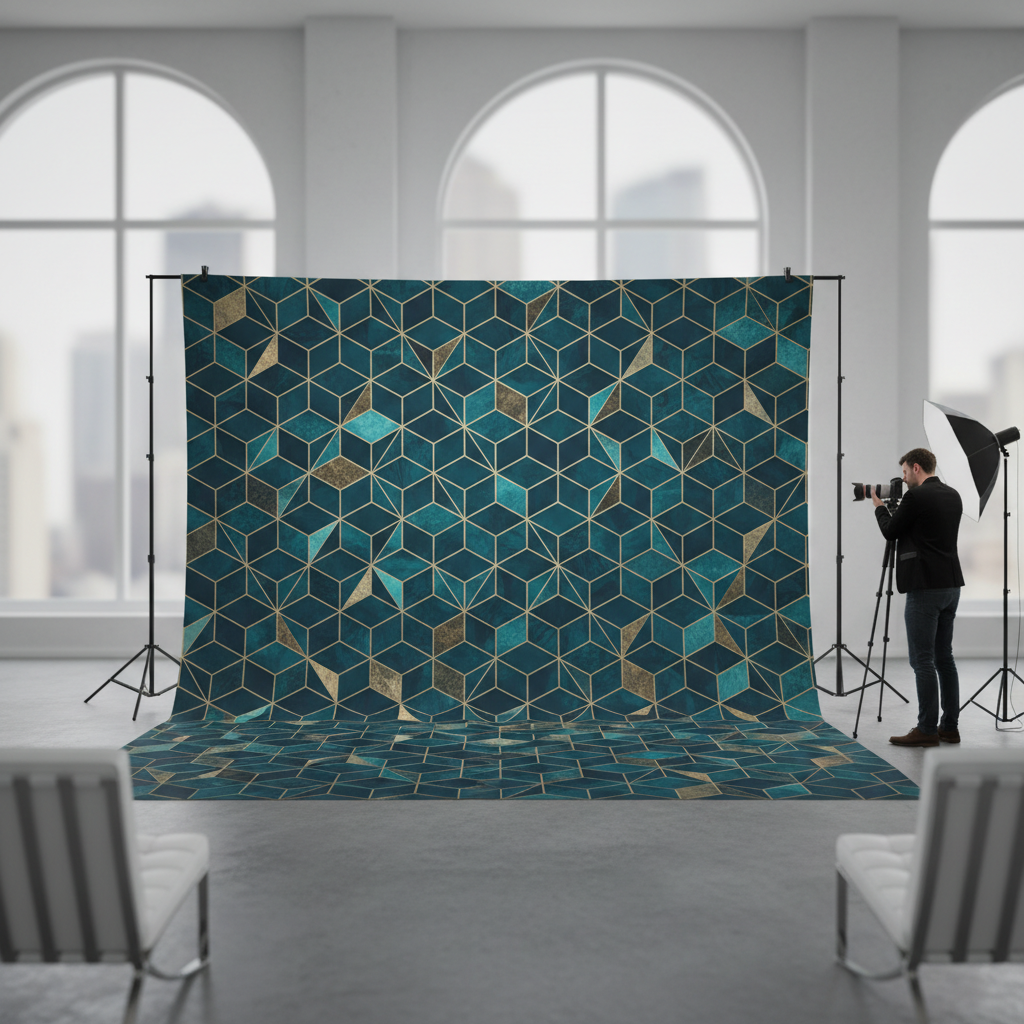 A vibrant pillow cover backdrop with a custom brand logo, set up for a professional photo booth event.