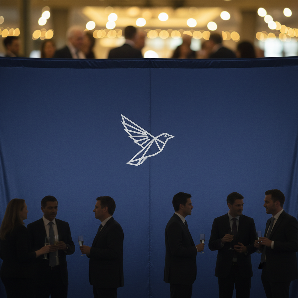 A sleek corporate event backdrop with a prominent company logo in a modern event space.