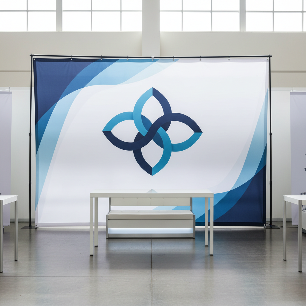 Professional corporate event backdrop with logo, featuring a minimalist design in a convention center setting.