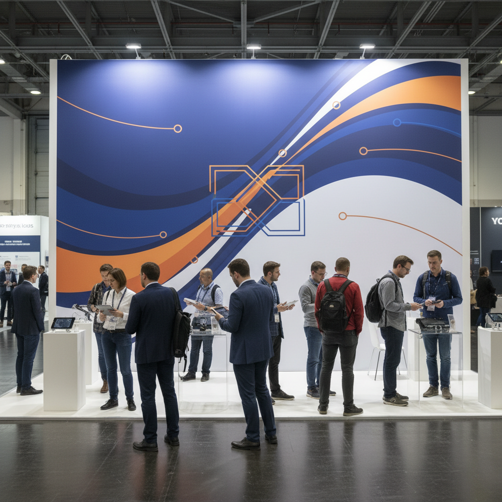 A vibrant custom backdrop for brand activations featuring a company logo and product display at a busy event