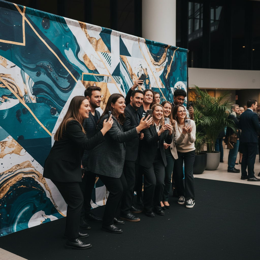 A vibrant custom backdrop for brand activations featuring a company logo and geometric patterns at a bustling event