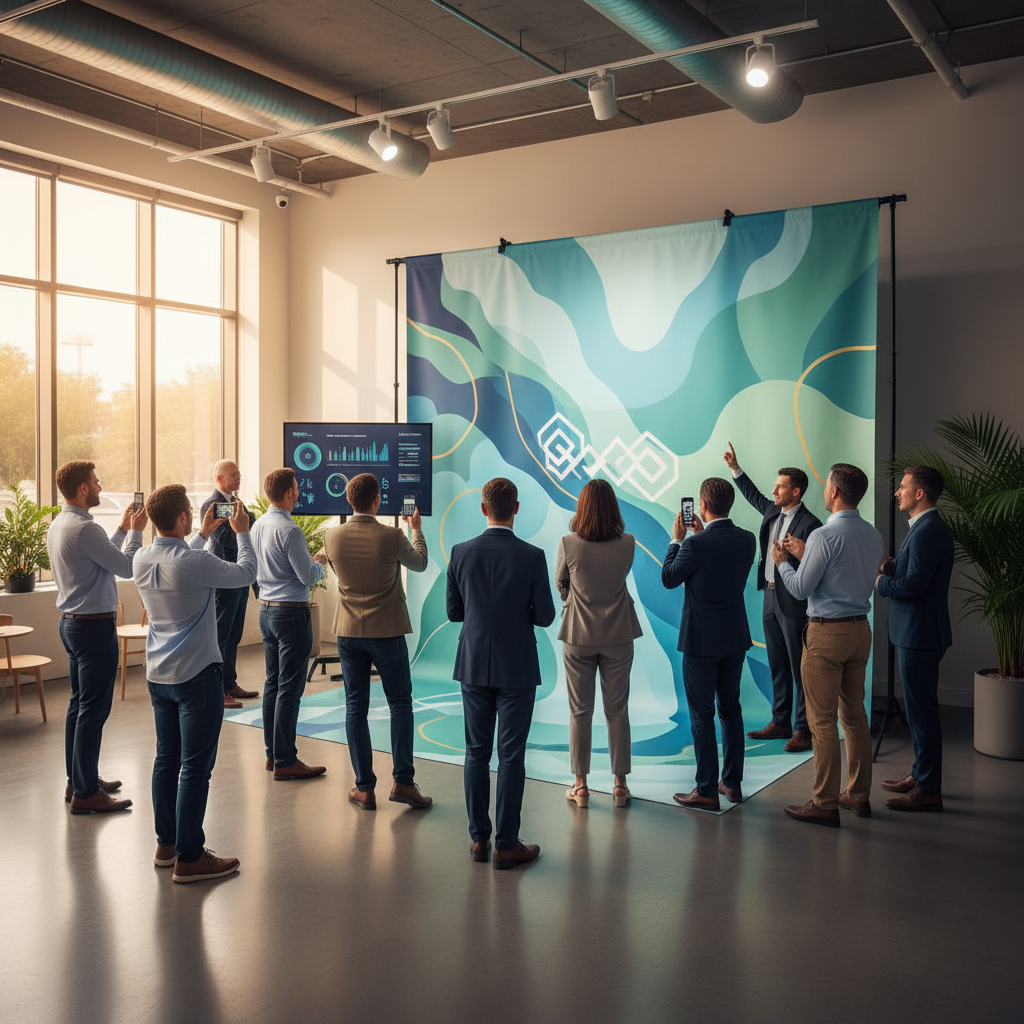 A vibrant custom backdrop for experiential marketing at a corporate event, featuring a large company logo and interactive elements.