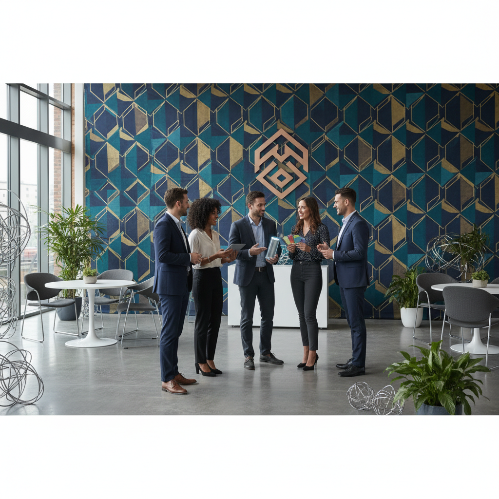 A vibrant custom backdrop for experiential marketing at a modern event, featuring bold brand colors and interactive elements, with smiling attendees taking photos.