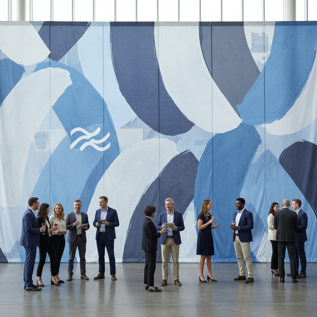 A sleek custom backdrop for conferences with a bright company logo, set up in a modern event hall