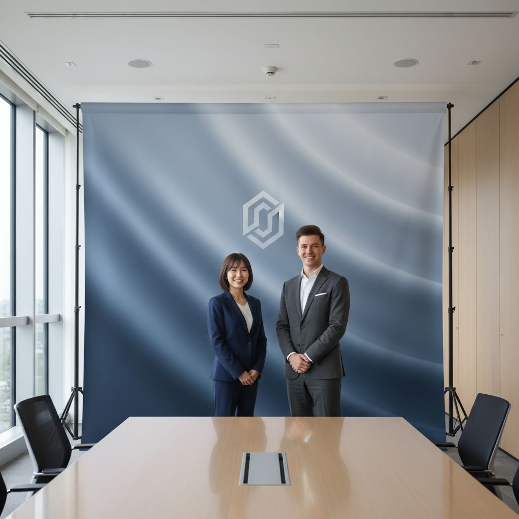 A wide custom fabric backdrop for a corporate event, featuring a company logo prominently, in a conference hall setting, showcasing custom backdrop printing Canada
