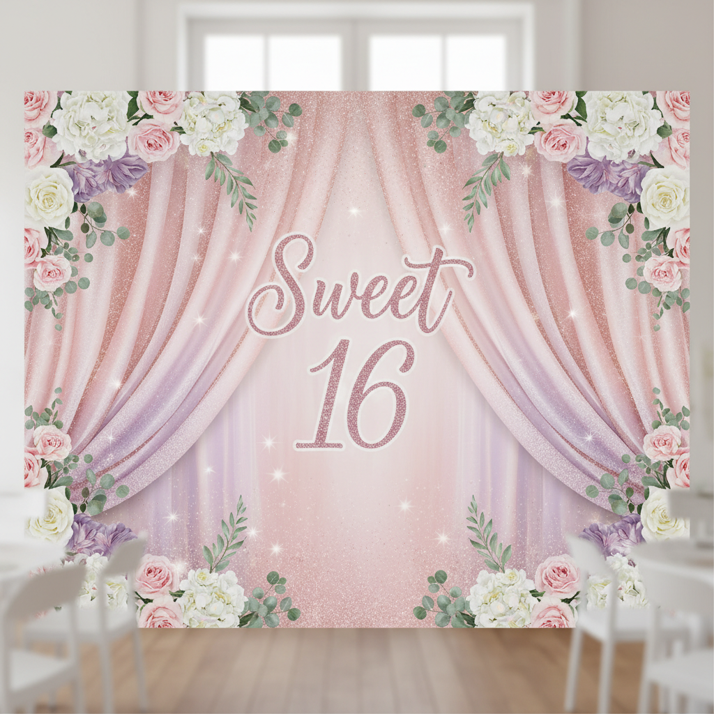 Teenage girl posing in front of a custom backdrop for Sweet 16 with glitter and floral elements