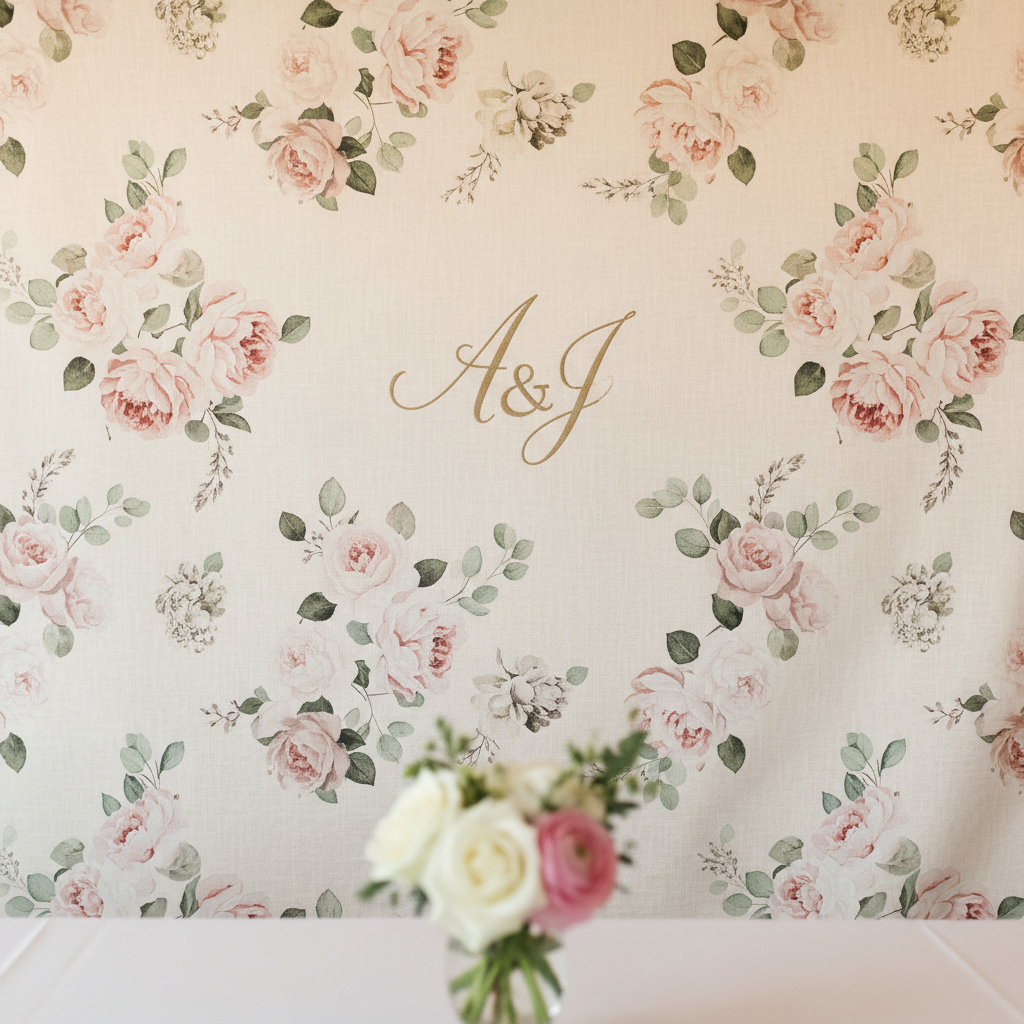 Elegant custom backdrop for wedding reception with soft floral decor