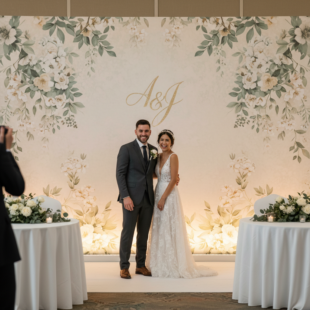 Elegant custom backdrop for wedding reception with lush white florals and soft lighting