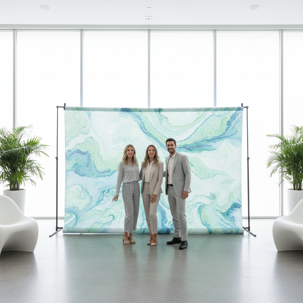 A vibrant custom backdrop with stand included, set up in a modern event space, ready for guests to take photos.