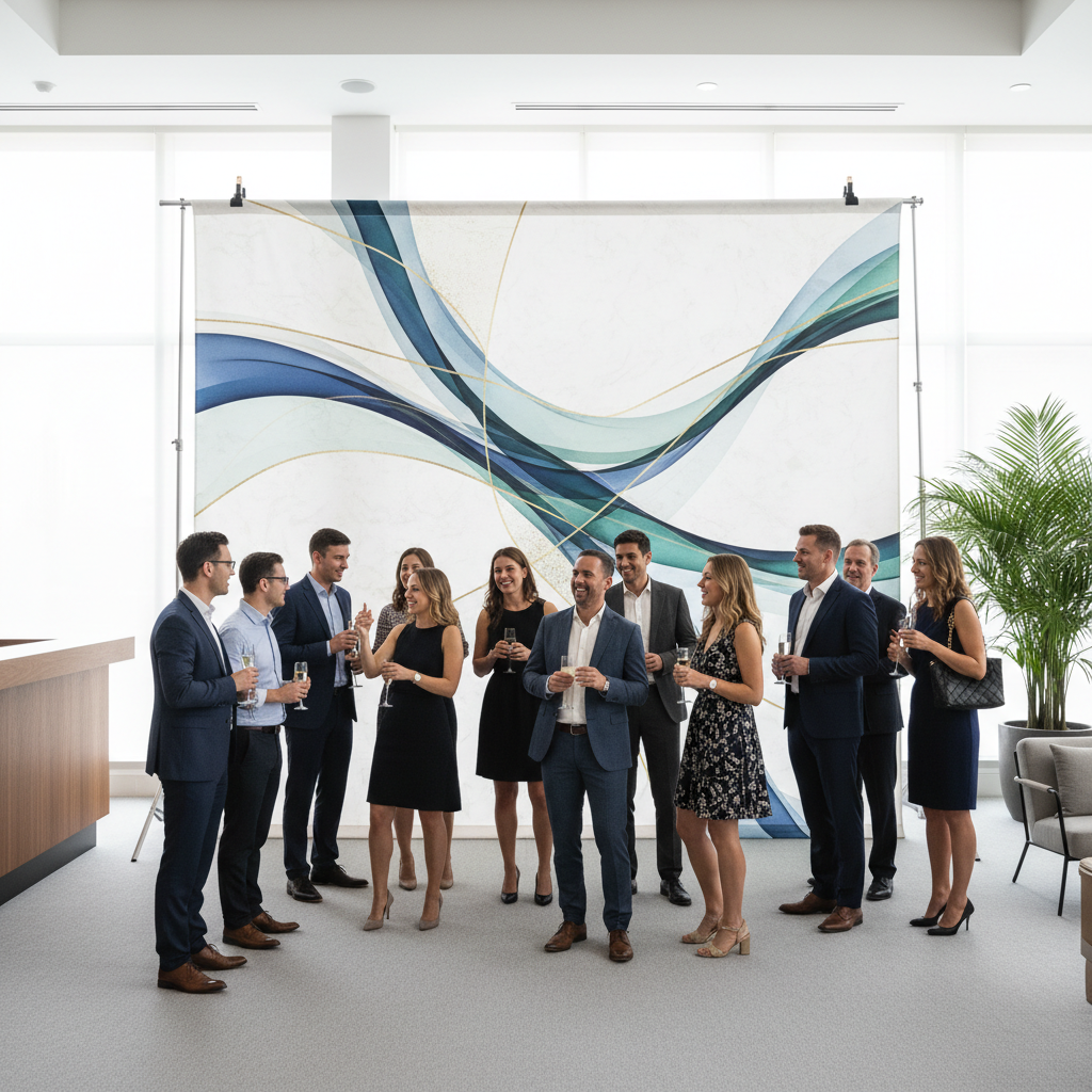 A vibrant custom backdrop with stand included, set up at an event, with people interacting and posing for photos