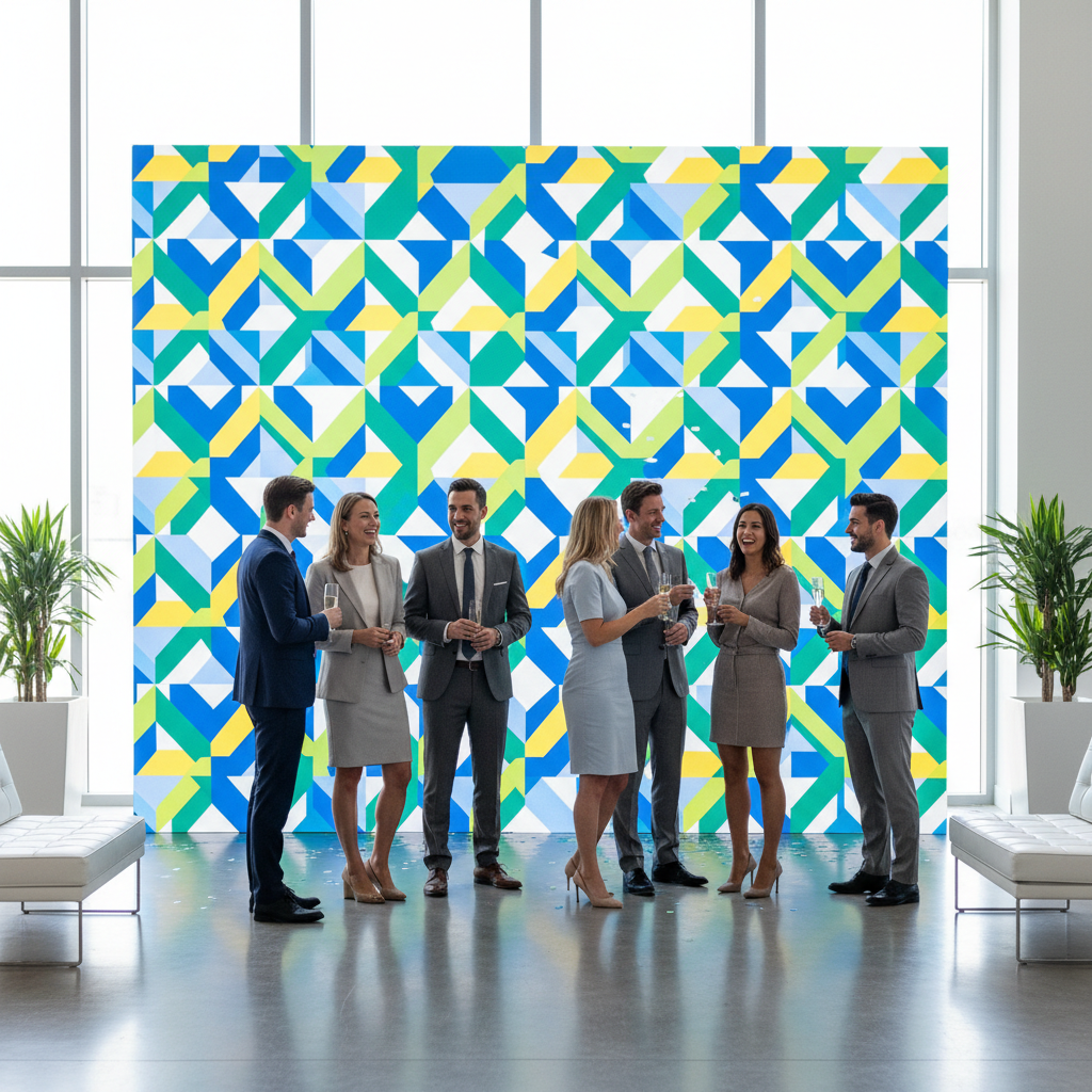 A vibrant custom backdrop with a geometric design set up at an event in Canada, with people smiling in front of it
