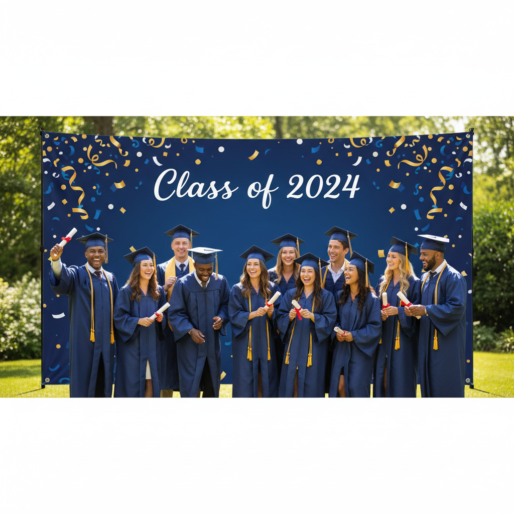 Graduation party with students posing in front of a custom graduation backdrop featuring school colors and a personalized message