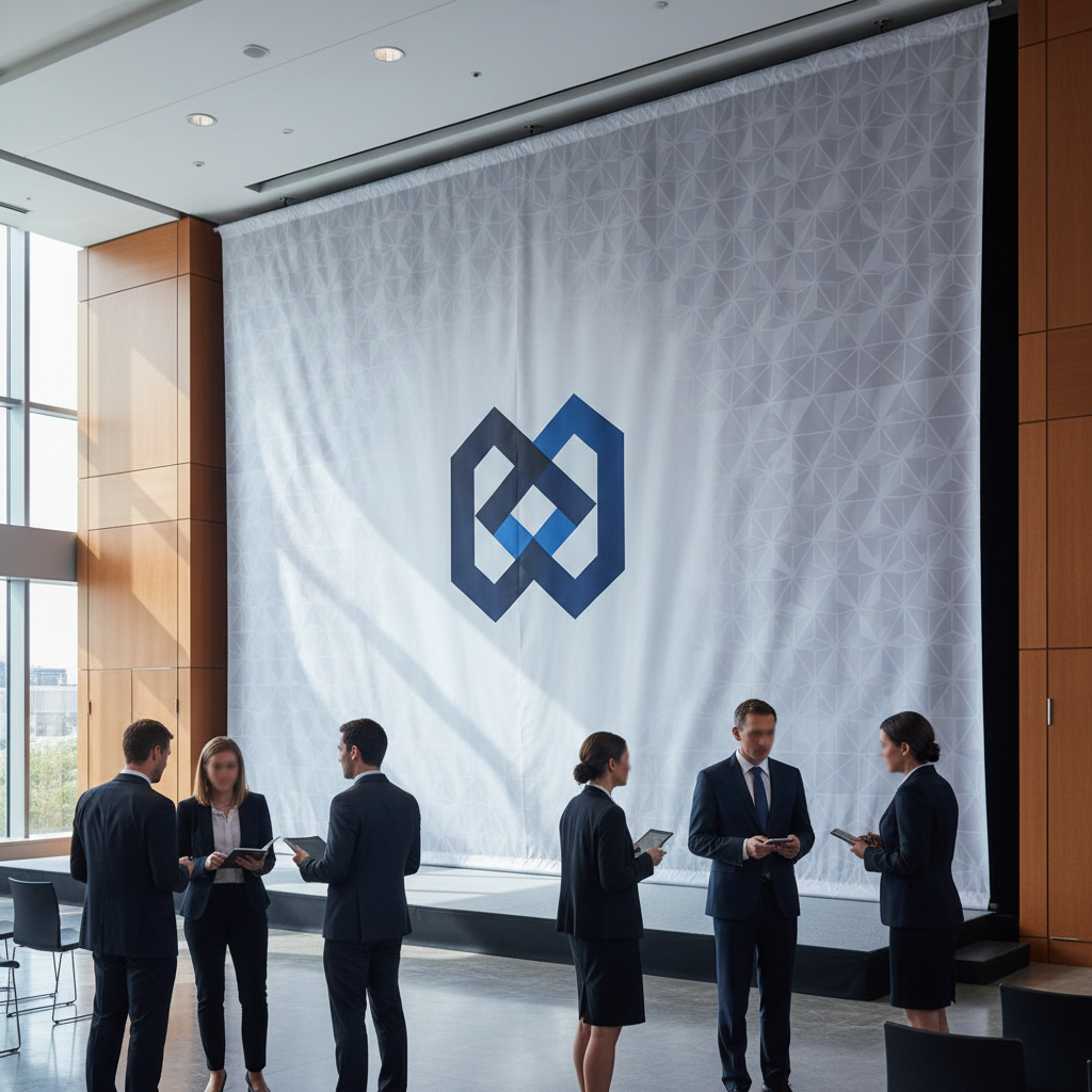 A sleek custom logo backdrop for corporate events featuring a company's branding in a modern office event setting