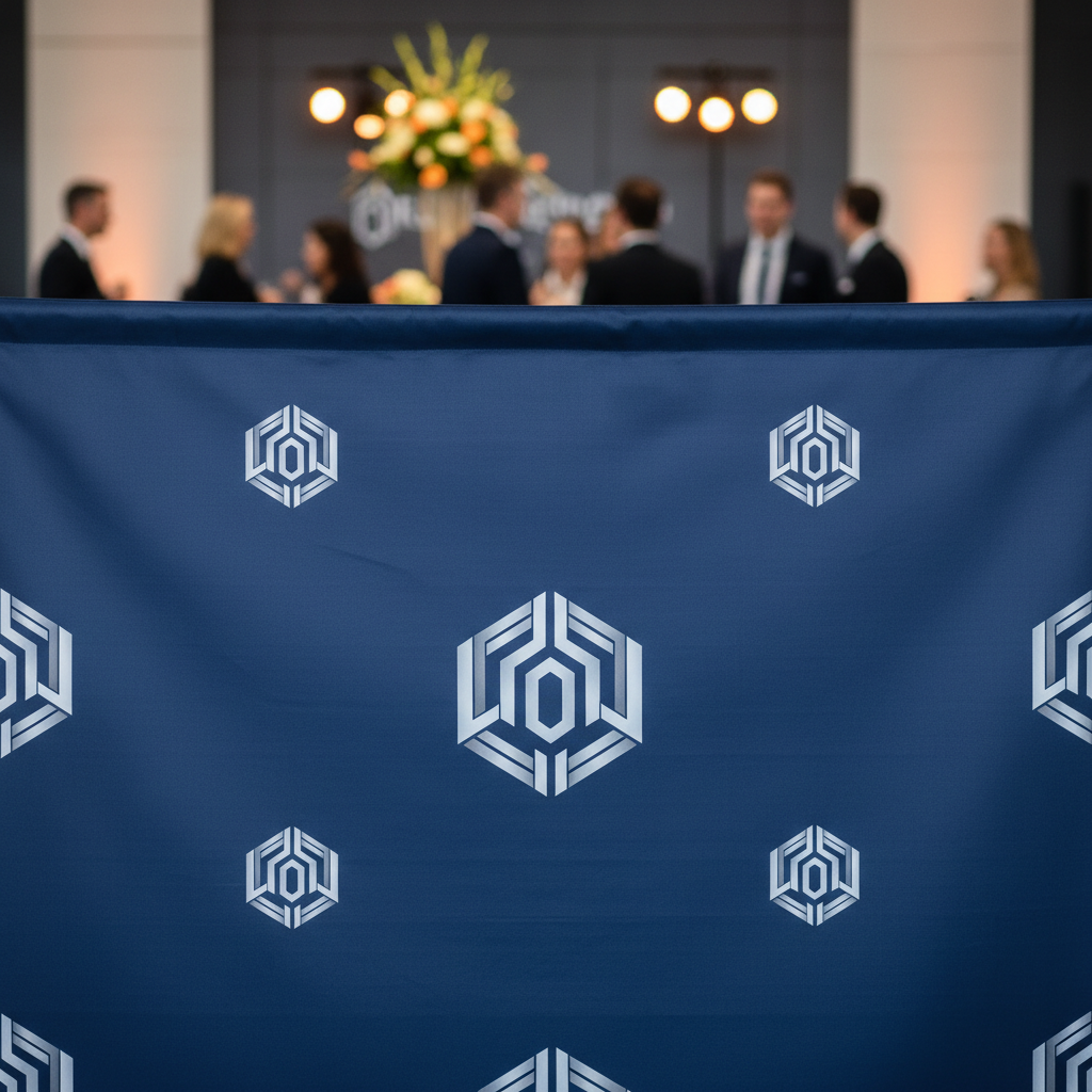Elegant custom logo backdrop for corporate events with a company logo prominently displayed against a modern, soft-focus background