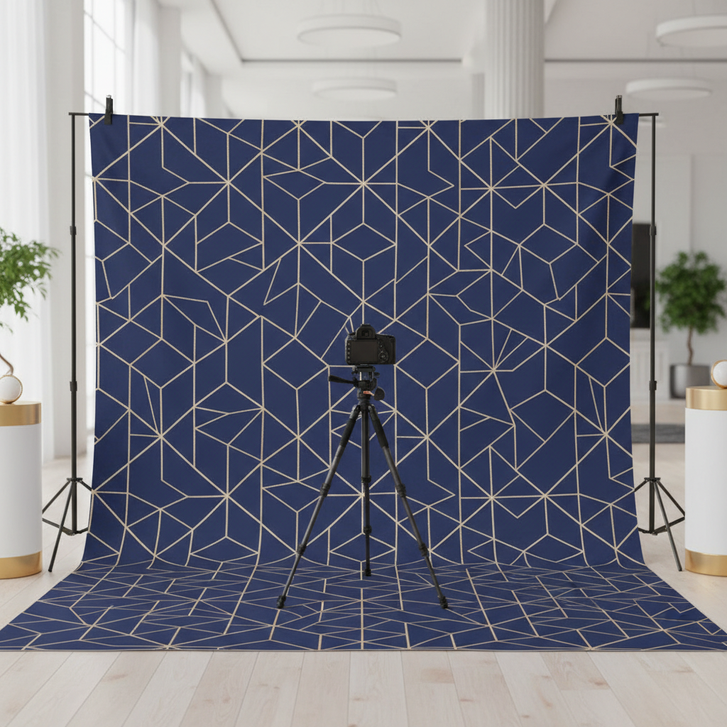 A large custom pillow cover backdrop with vibrant, personalized graphics, set up in a modern event space for photo booth use, showing off the quality of custom pillow cover backdrop printing.
