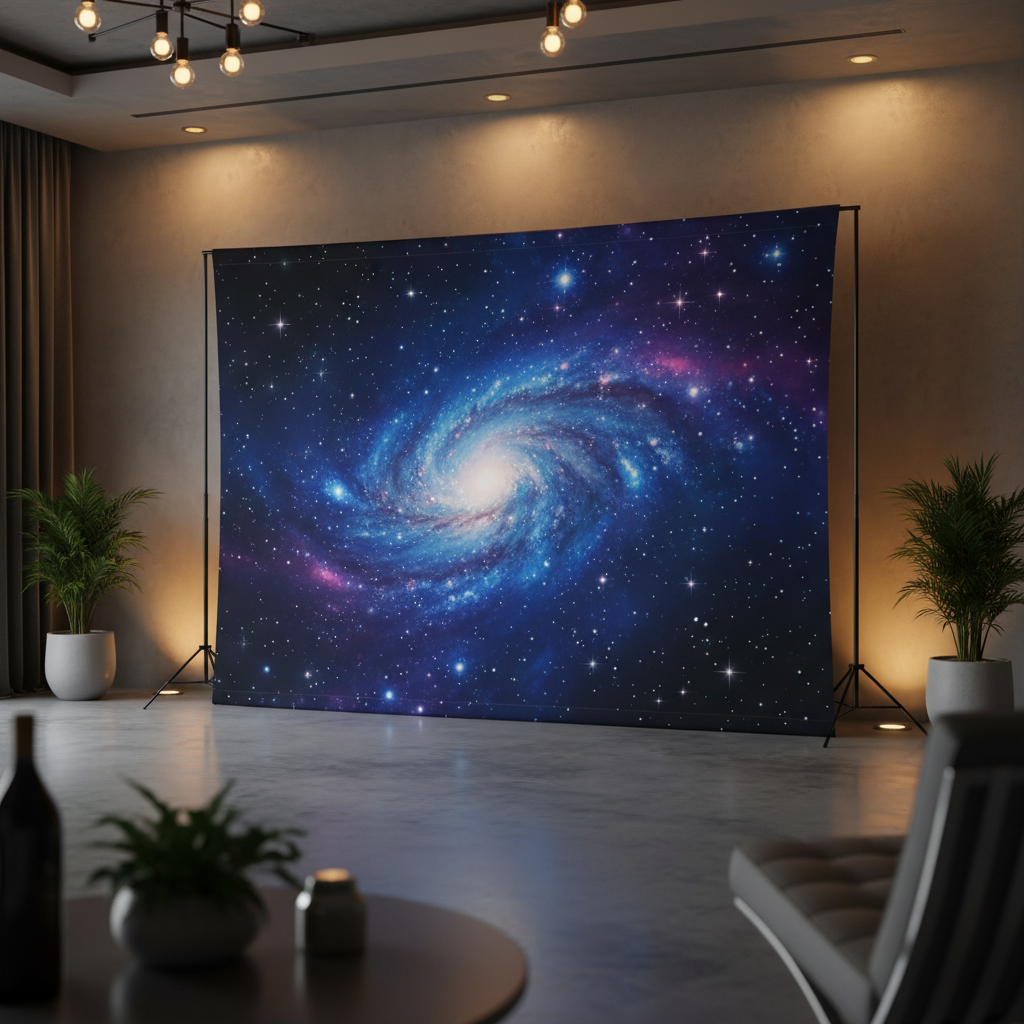 A vibrant custom pillow cover backdrop featuring a deep blue galaxy print with scattered stars, set up in a modern event space. The fabric is taut and wrinkle-free, showcasing the crisp custom pillow cover backdrop printing. A small, stylized 'True Backdrops' stand is subtly visible in the foreground.